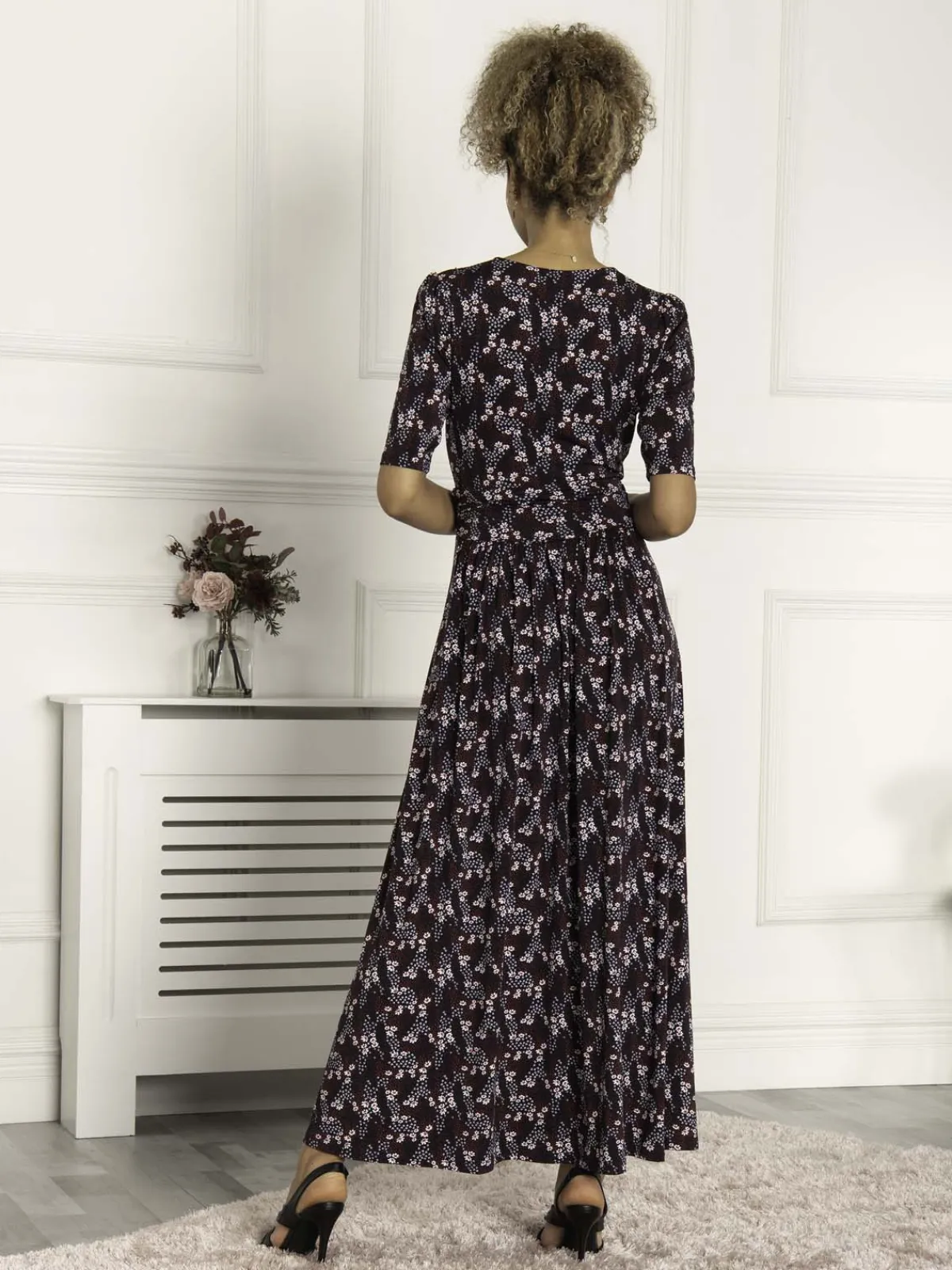 Jolie Moi Occasion Dresses|Wrap Dresses-Calais Half Sleeve Maxi Dress, Navy Floral