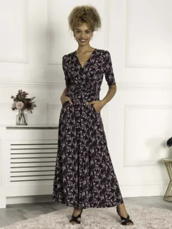 Jolie Moi Occasion Dresses|Wrap Dresses-Calais Half Sleeve Maxi Dress, Navy Floral