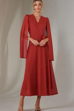 Jolie Moi Wrap Dresses|Maxi Dresses-Cape Sleeve Wrap Maxi Dress, Brick Red