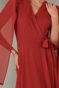 Jolie Moi Wrap Dresses|Maxi Dresses-Cape Sleeve Wrap Maxi Dress, Brick Red