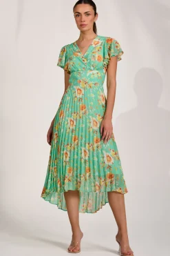 Jolie Moi Weekend Casuals|Maxi Dresses-Cap Sleeve Pleated Chiffon Maxi Dress, Green Floral