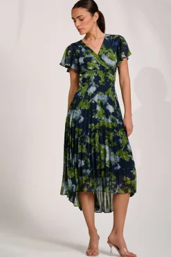 Jolie Moi Occasion Dresses|Maxi Dresses-Cap Sleeve Pleated Chiffon Maxi Dress, Navy Abstract