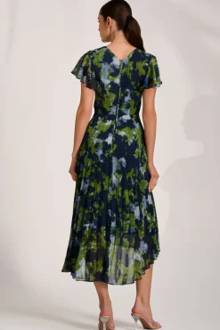 Jolie Moi Occasion Dresses|Maxi Dresses-Cap Sleeve Pleated Chiffon Maxi Dress, Navy Abstract