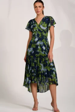 Jolie Moi Occasion Dresses|Maxi Dresses-Cap Sleeve Pleated Chiffon Maxi Dress, Navy Abstract