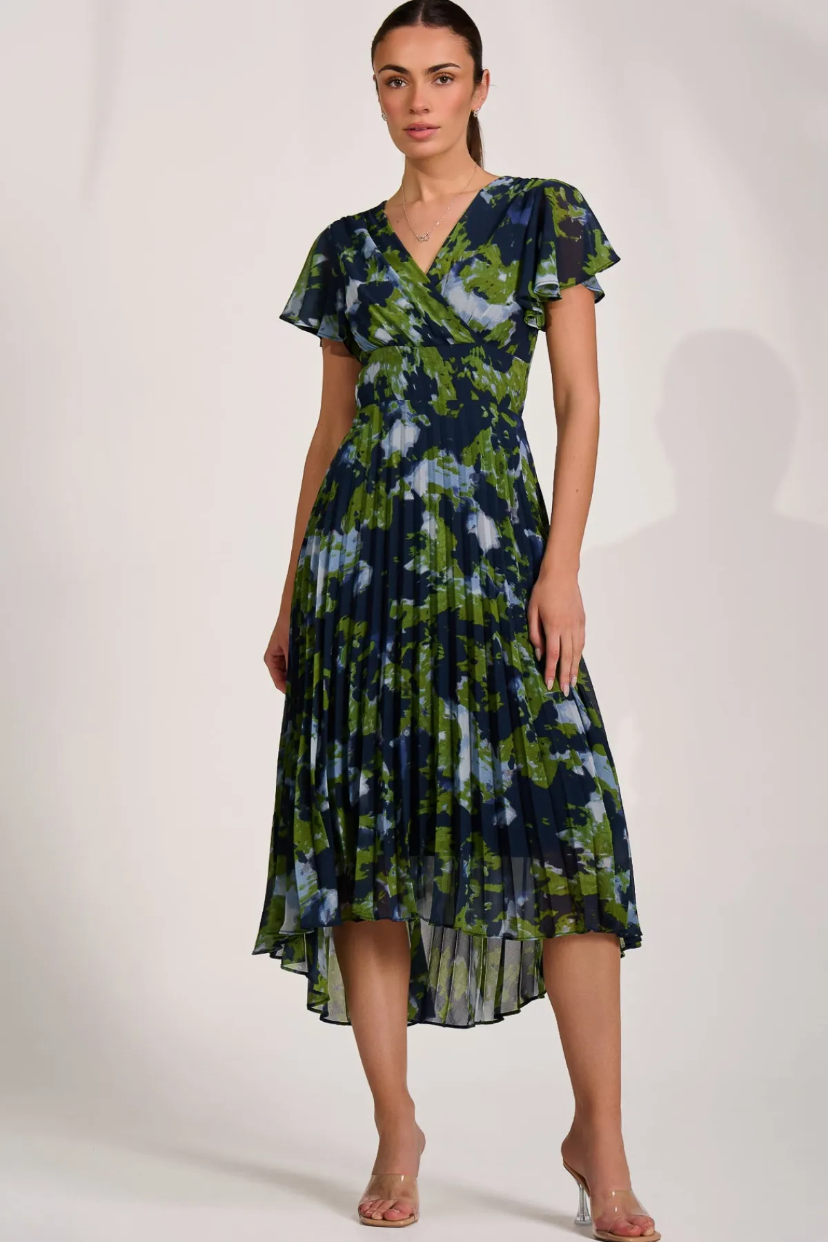 Jolie Moi Occasion Dresses|Maxi Dresses-Cap Sleeve Pleated Chiffon Maxi Dress, Navy Abstract