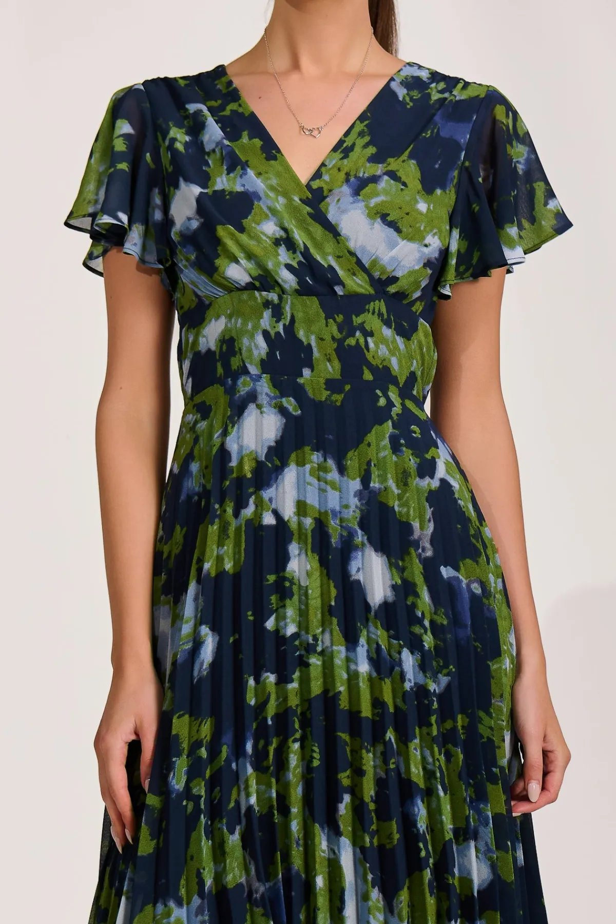 Jolie Moi Occasion Dresses|Maxi Dresses-Cap Sleeve Pleated Chiffon Maxi Dress, Navy Abstract