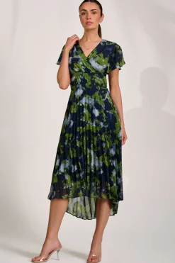 Jolie Moi Occasion Dresses|Maxi Dresses-Cap Sleeve Pleated Chiffon Maxi Dress, Navy Abstract