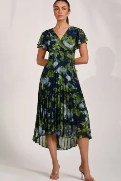 Jolie Moi Occasion Dresses|Maxi Dresses-Cap Sleeve Pleated Chiffon Maxi Dress, Navy Abstract