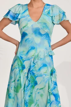 Jolie Moi Mesh Dresses|Weekend Casuals-Cap Sleeve Ruffle Mesh Maxi Dress, Blue Abstract