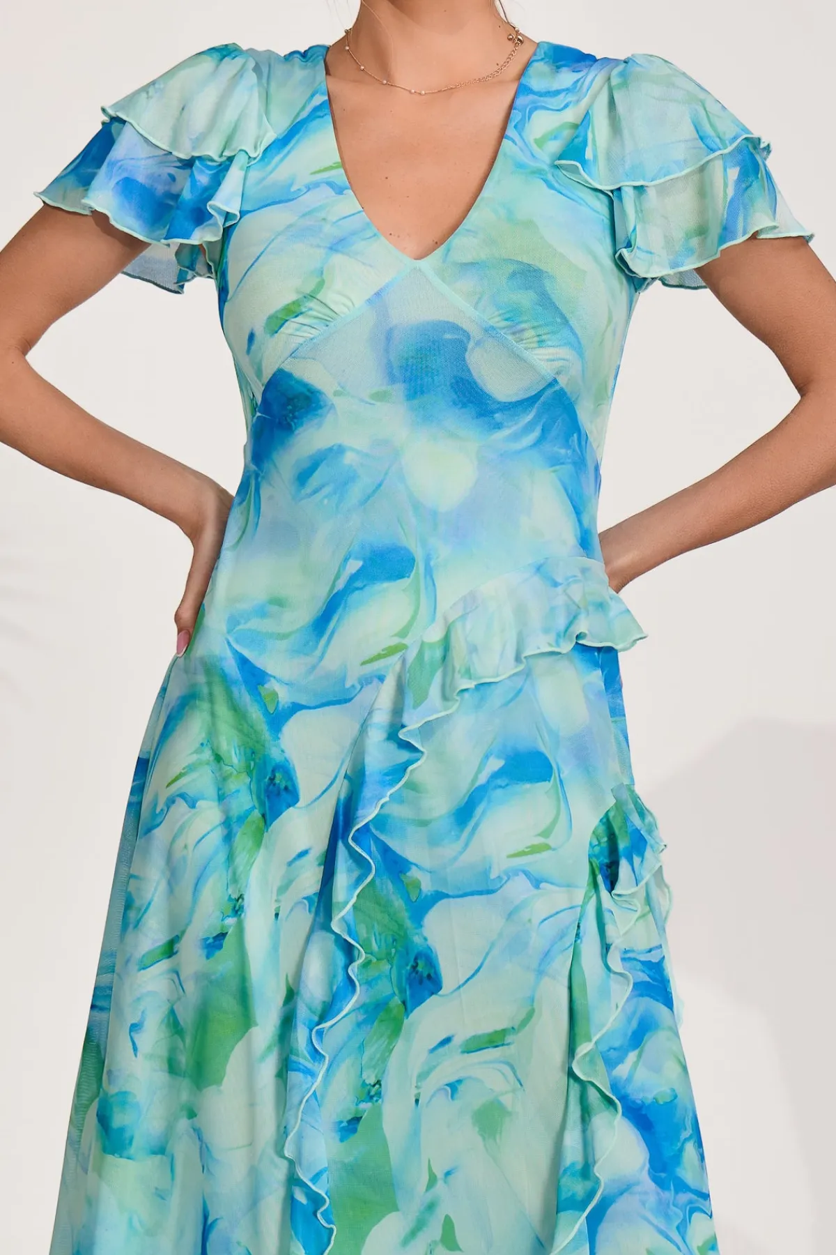 Jolie Moi Mesh Dresses|Weekend Casuals-Cap Sleeve Ruffle Mesh Maxi Dress, Blue Abstract