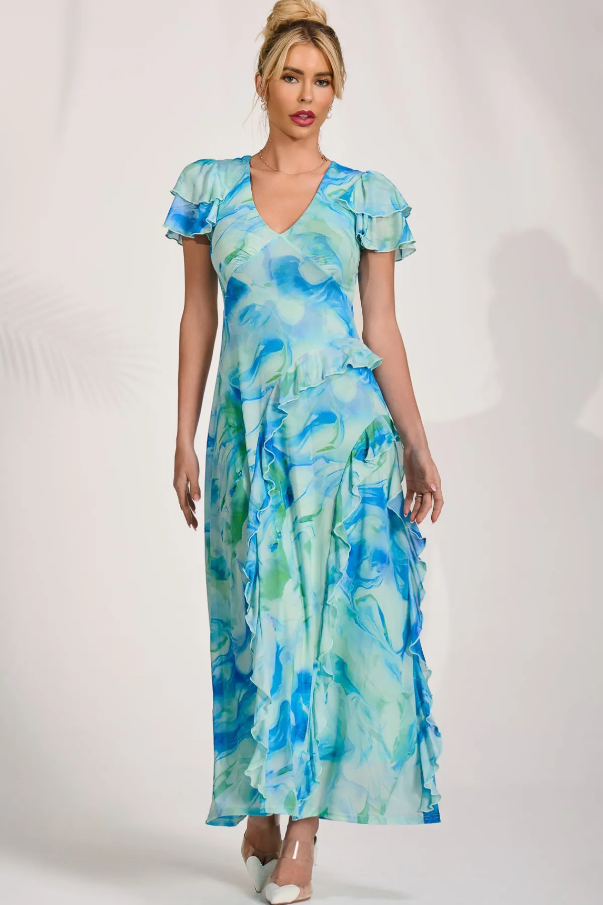 Jolie Moi Mesh Dresses|Weekend Casuals-Cap Sleeve Ruffle Mesh Maxi Dress, Blue Abstract
