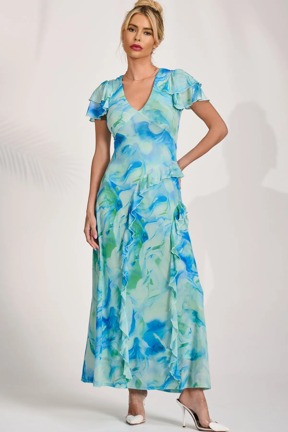 Jolie Moi Mesh Dresses|Weekend Casuals-Cap Sleeve Ruffle Mesh Maxi Dress, Blue Abstract