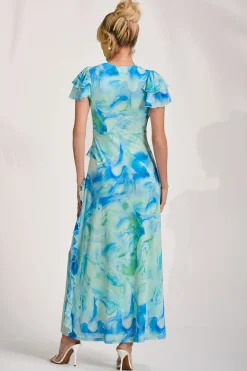 Jolie Moi Mesh Dresses|Weekend Casuals-Cap Sleeve Ruffle Mesh Maxi Dress, Blue Abstract