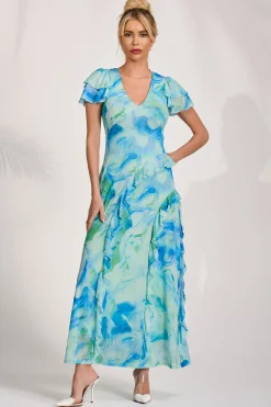 Jolie Moi Mesh Dresses|Weekend Casuals-Cap Sleeve Ruffle Mesh Maxi Dress, Blue Abstract