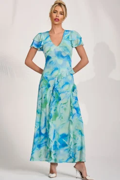 Jolie Moi Mesh Dresses|Weekend Casuals-Cap Sleeve Ruffle Mesh Maxi Dress, Blue Abstract