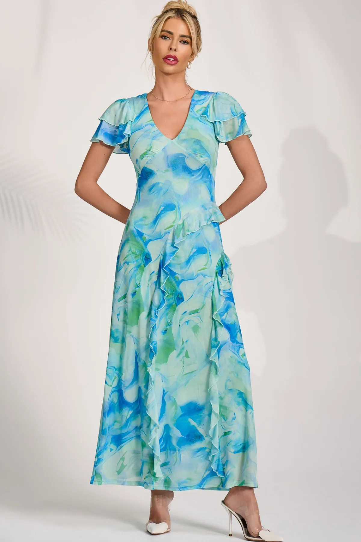 Jolie Moi Mesh Dresses|Weekend Casuals-Cap Sleeve Ruffle Mesh Maxi Dress, Blue Abstract