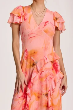 Jolie Moi Mesh Dresses|Maxi Dresses-Cap Sleeve Ruffle Mesh Maxi Dress, Orange Abstract