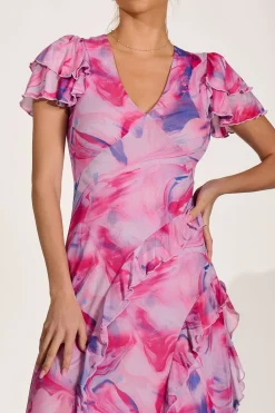 Jolie Moi Mesh Dresses|Maxi Dresses-Cap Sleeve Ruffle Mesh Maxi Dress, Pink Abstract