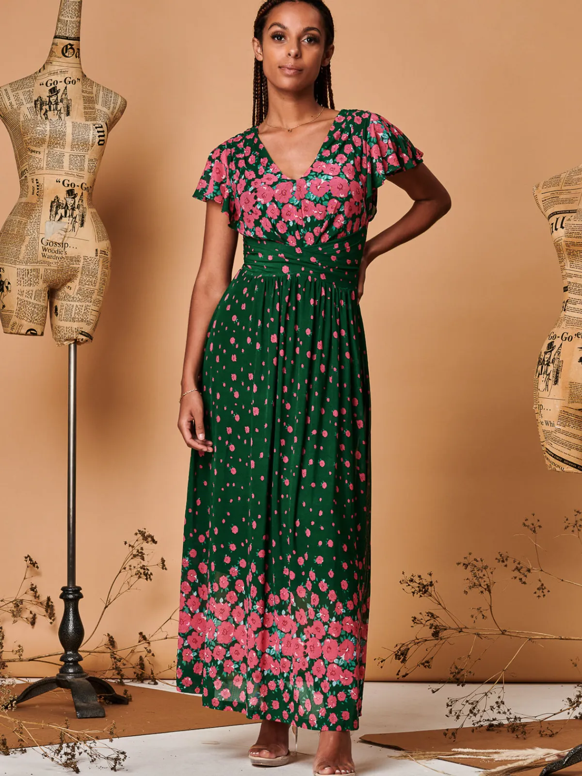 Jolie Moi Occasion Dresses|Floral Dresses-Carlii Symmetrical Print Mesh Maxi Dress, Green Floral