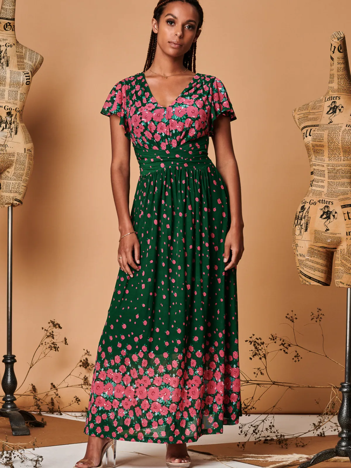 Jolie Moi Occasion Dresses|Floral Dresses-Carlii Symmetrical Print Mesh Maxi Dress, Green Floral