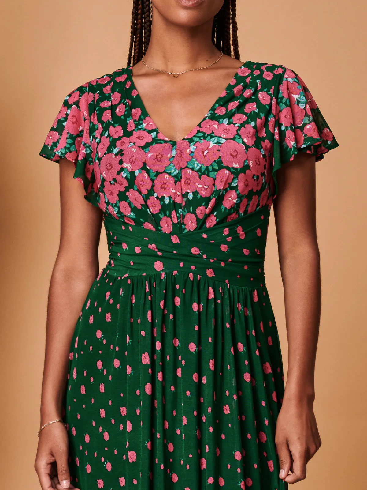 Jolie Moi Occasion Dresses|Floral Dresses-Carlii Symmetrical Print Mesh Maxi Dress, Green Floral