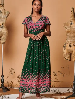 Jolie Moi Occasion Dresses|Floral Dresses-Carlii Symmetrical Print Mesh Maxi Dress, Green Floral