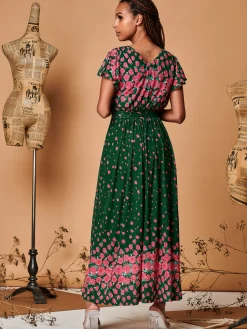 Jolie Moi Occasion Dresses|Floral Dresses-Carlii Symmetrical Print Mesh Maxi Dress, Green Floral