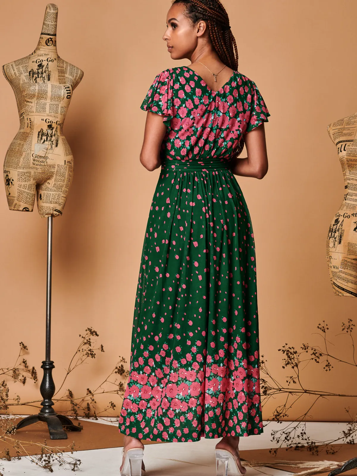 Jolie Moi Occasion Dresses|Floral Dresses-Carlii Symmetrical Print Mesh Maxi Dress, Green Floral