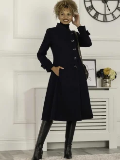 Jolie Moi Coats & Jackets-Caroline Asymmetric Button Coat, Navy
