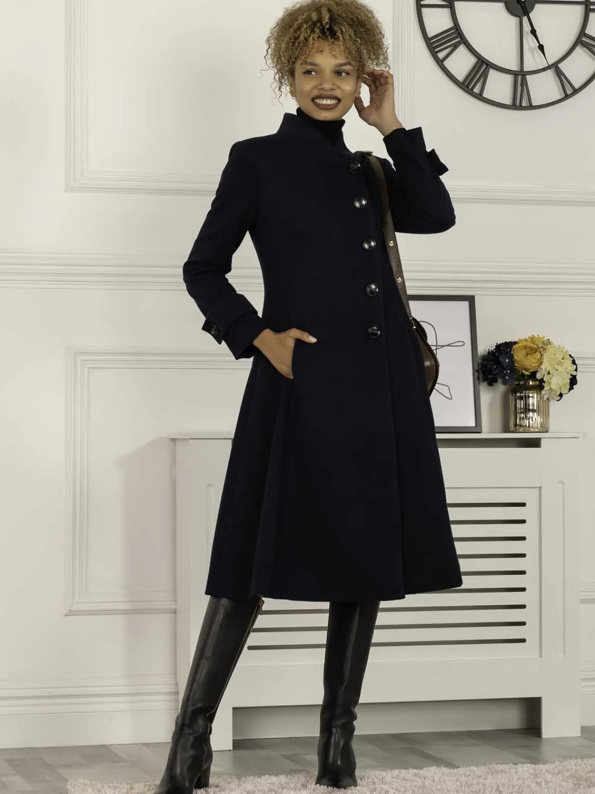 Jolie Moi Coats & Jackets-Caroline Asymmetric Button Coat, Navy