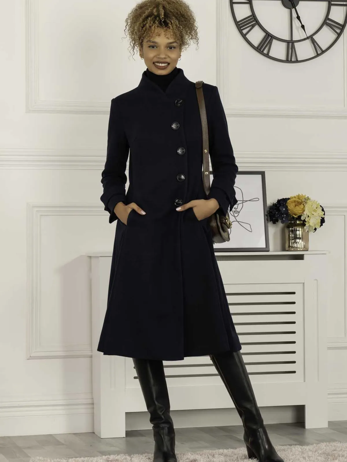 Jolie Moi Coats & Jackets-Caroline Asymmetric Button Coat, Navy
