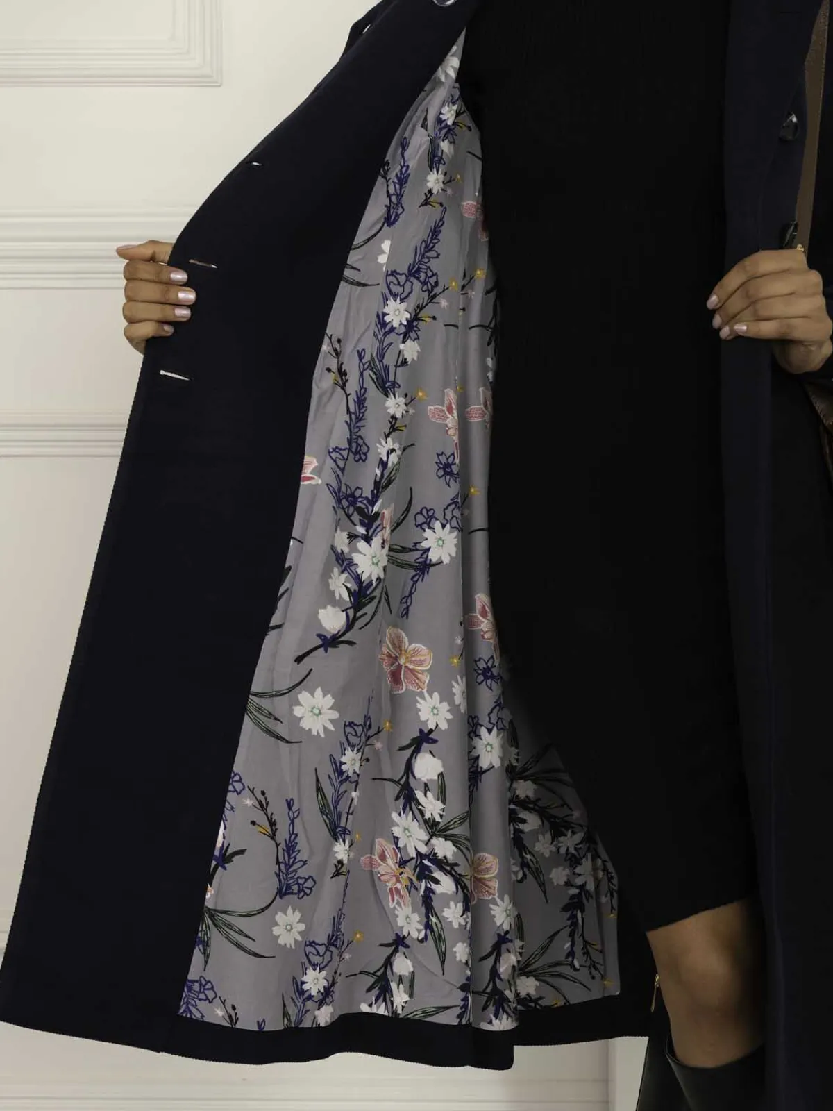 Jolie Moi Coats & Jackets-Caroline Asymmetric Button Coat, Navy