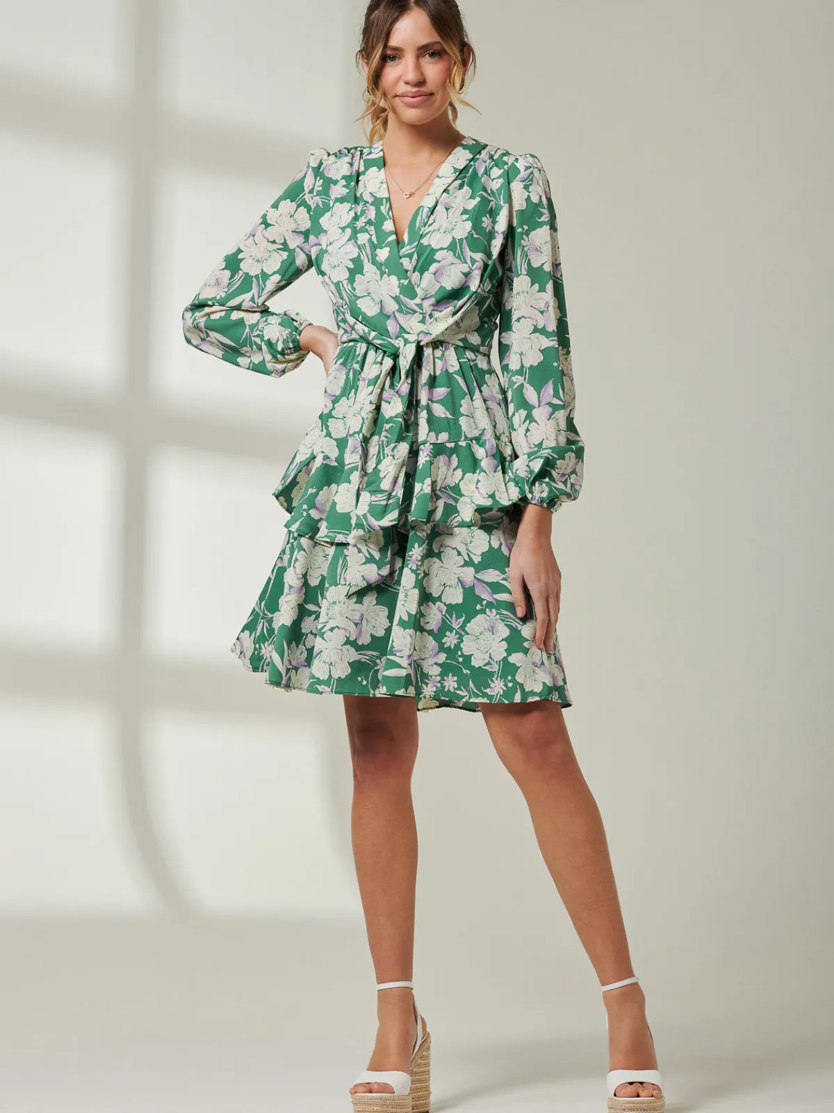 Jolie Moi Occasion Dresses|Weekend Casuals-Casey Long Sleeve Tie Front Dress, Green Floral