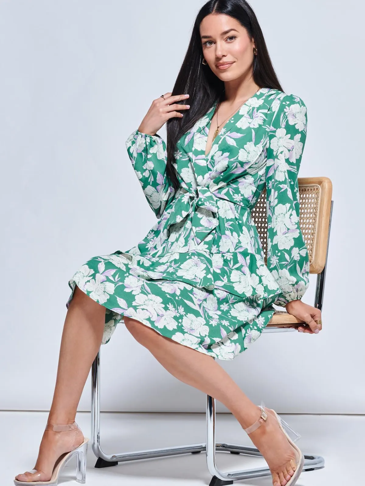 Jolie Moi Occasion Dresses|Weekend Casuals-Casey Long Sleeve Tie Front Dress, Green Floral