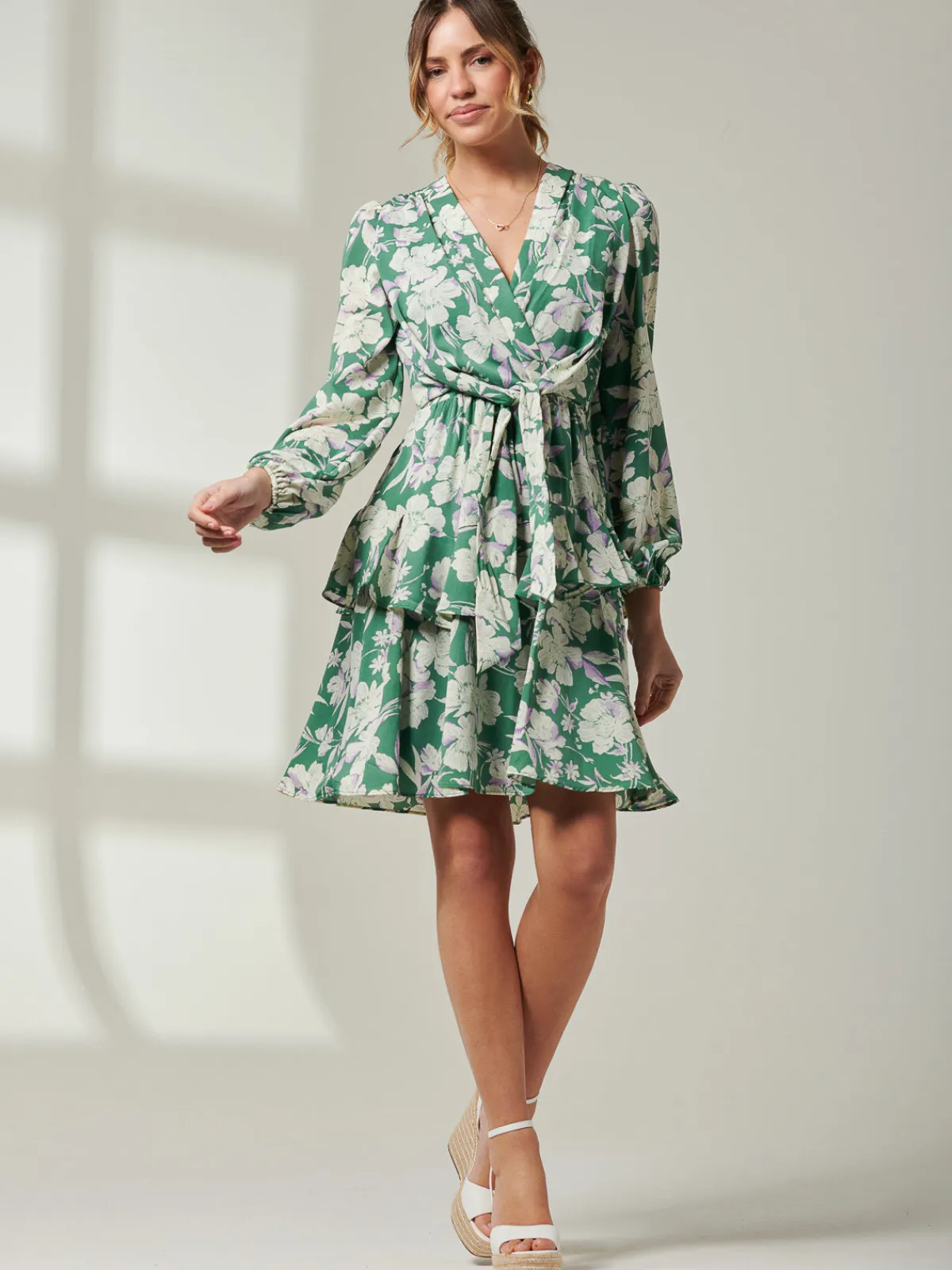 Jolie Moi Occasion Dresses|Weekend Casuals-Casey Long Sleeve Tie Front Dress, Green Floral