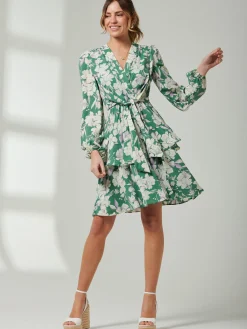 Jolie Moi Occasion Dresses|Weekend Casuals-Casey Long Sleeve Tie Front Dress, Green Floral