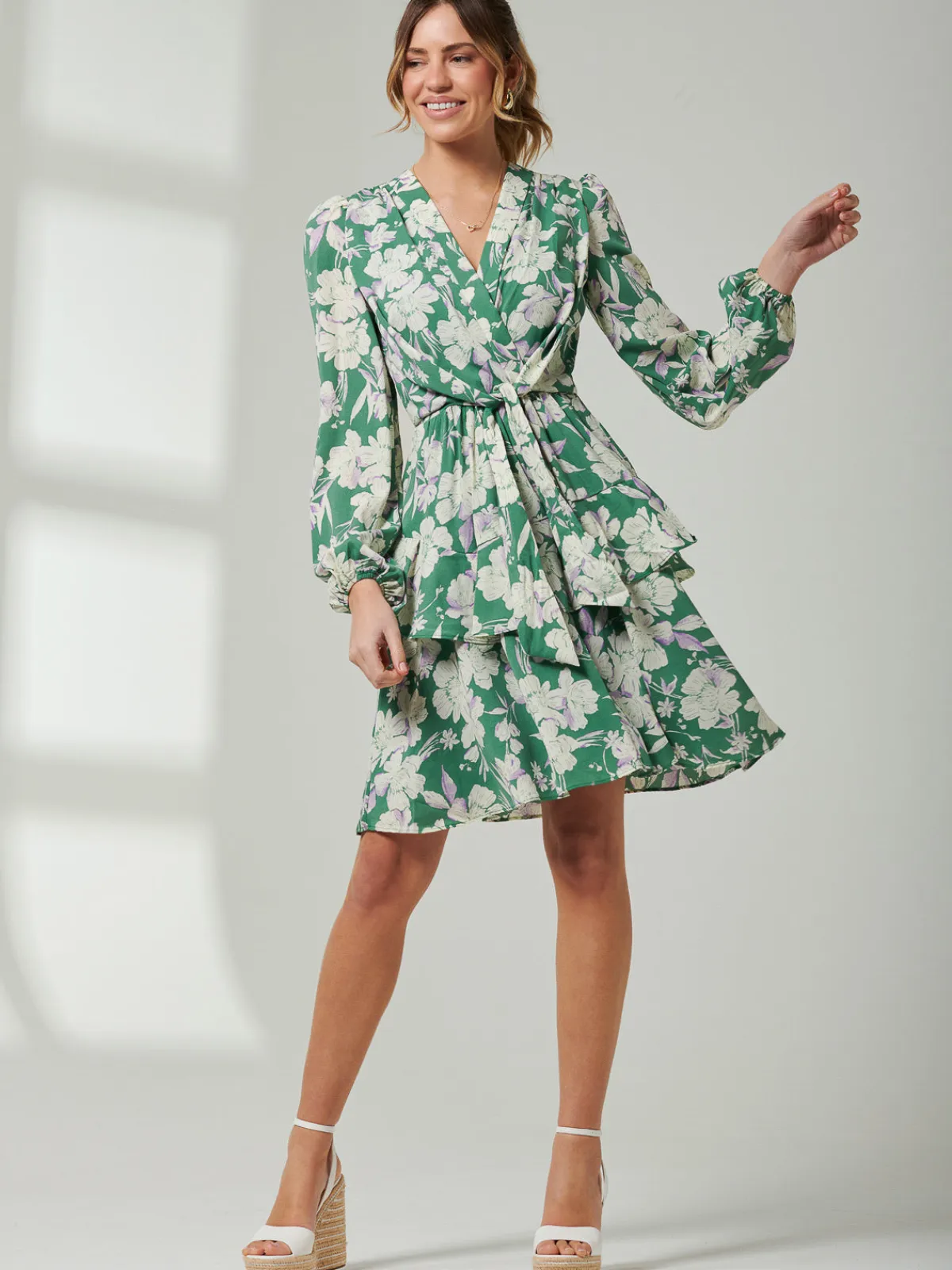 Jolie Moi Occasion Dresses|Weekend Casuals-Casey Long Sleeve Tie Front Dress, Green Floral
