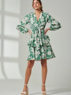 Jolie Moi Occasion Dresses|Weekend Casuals-Casey Long Sleeve Tie Front Dress, Green Floral