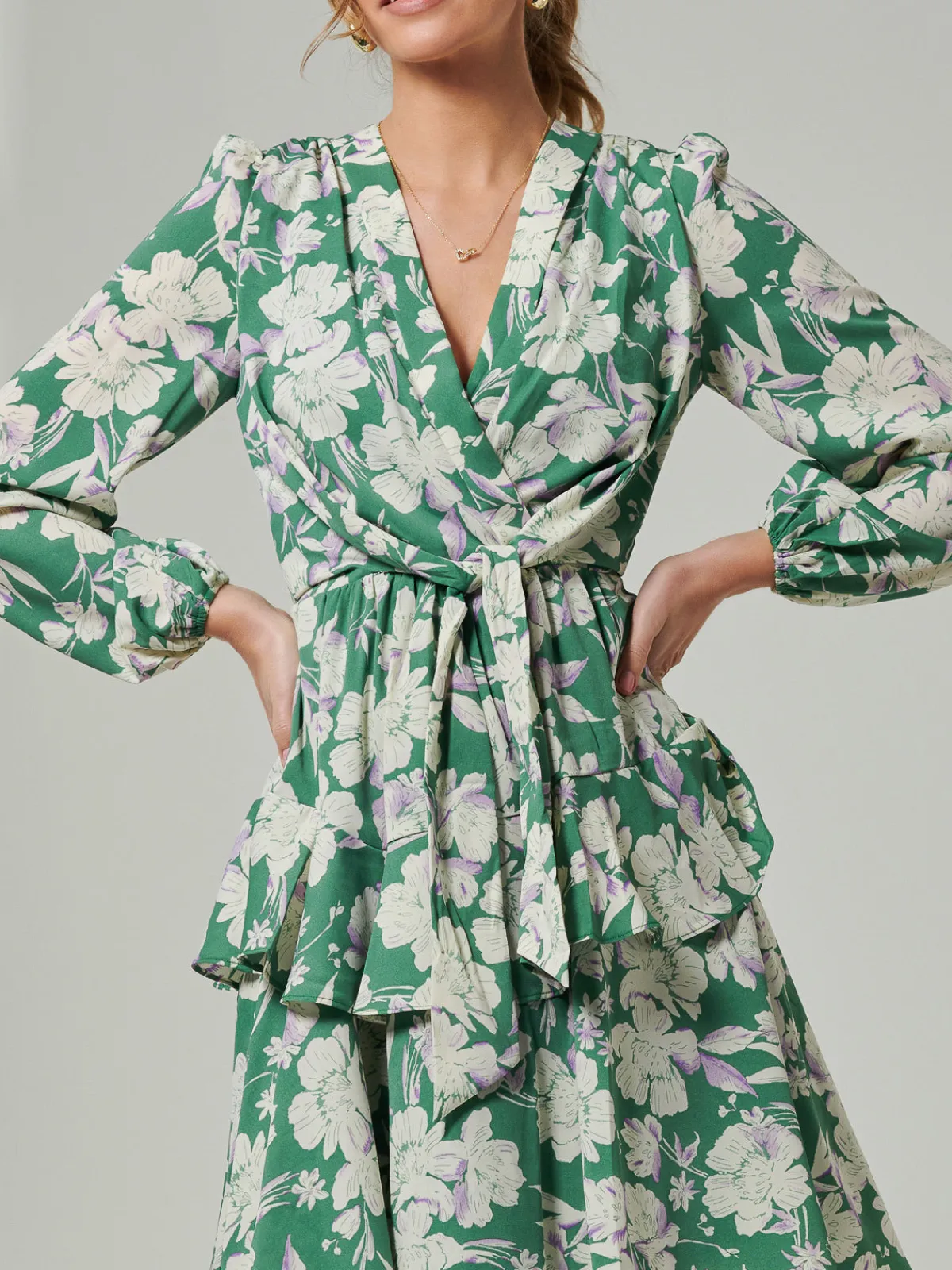 Jolie Moi Occasion Dresses|Weekend Casuals-Casey Long Sleeve Tie Front Dress, Green Floral