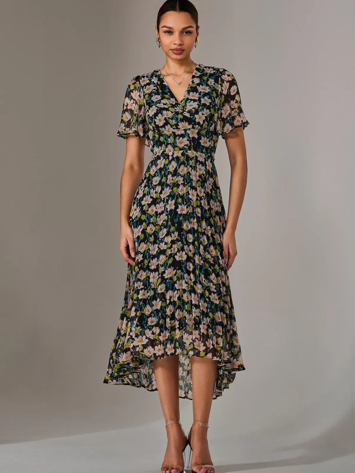 Jolie Moi Occasion Dresses|Floral Dresses-Charlotte Pleated Chiffon Midaxi Dress, Black Floral