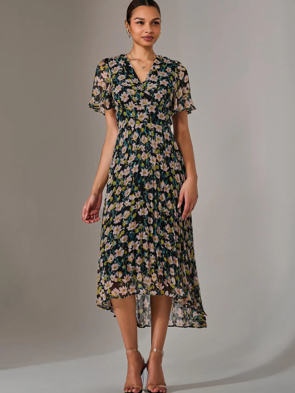 Jolie Moi Occasion Dresses|Floral Dresses-Charlotte Pleated Chiffon Midaxi Dress, Black Floral