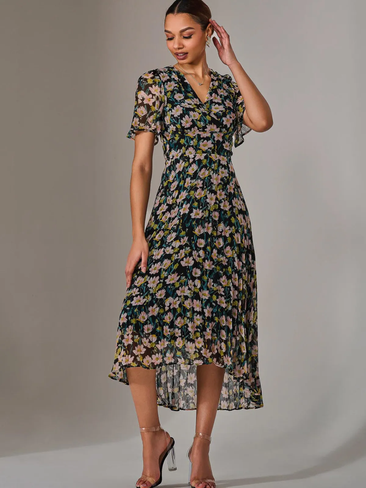 Jolie Moi Occasion Dresses|Floral Dresses-Charlotte Pleated Chiffon Midaxi Dress, Black Floral