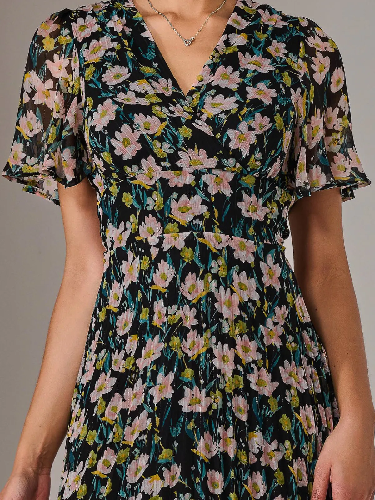 Jolie Moi Occasion Dresses|Floral Dresses-Charlotte Pleated Chiffon Midaxi Dress, Black Floral
