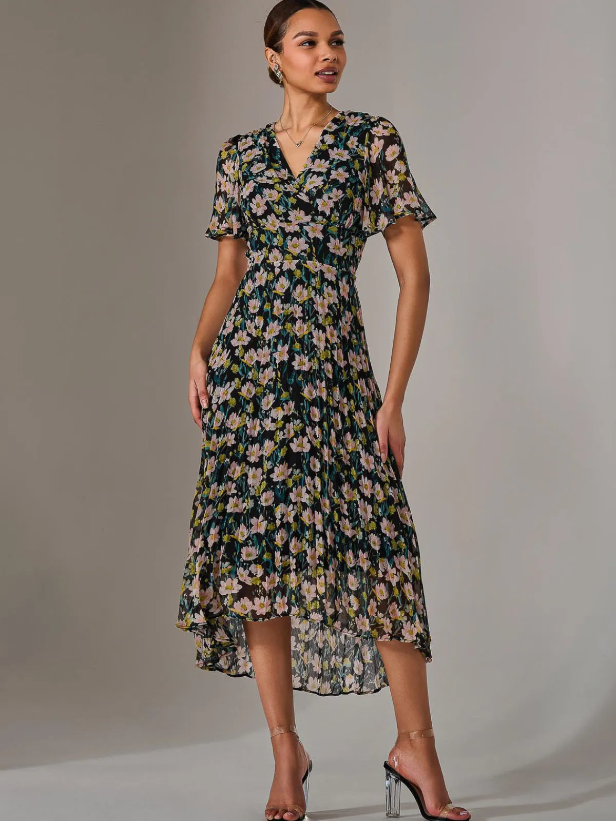 Jolie Moi Occasion Dresses|Floral Dresses-Charlotte Pleated Chiffon Midaxi Dress, Black Floral