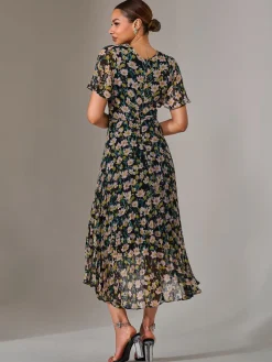 Jolie Moi Occasion Dresses|Floral Dresses-Charlotte Pleated Chiffon Midaxi Dress, Black Floral