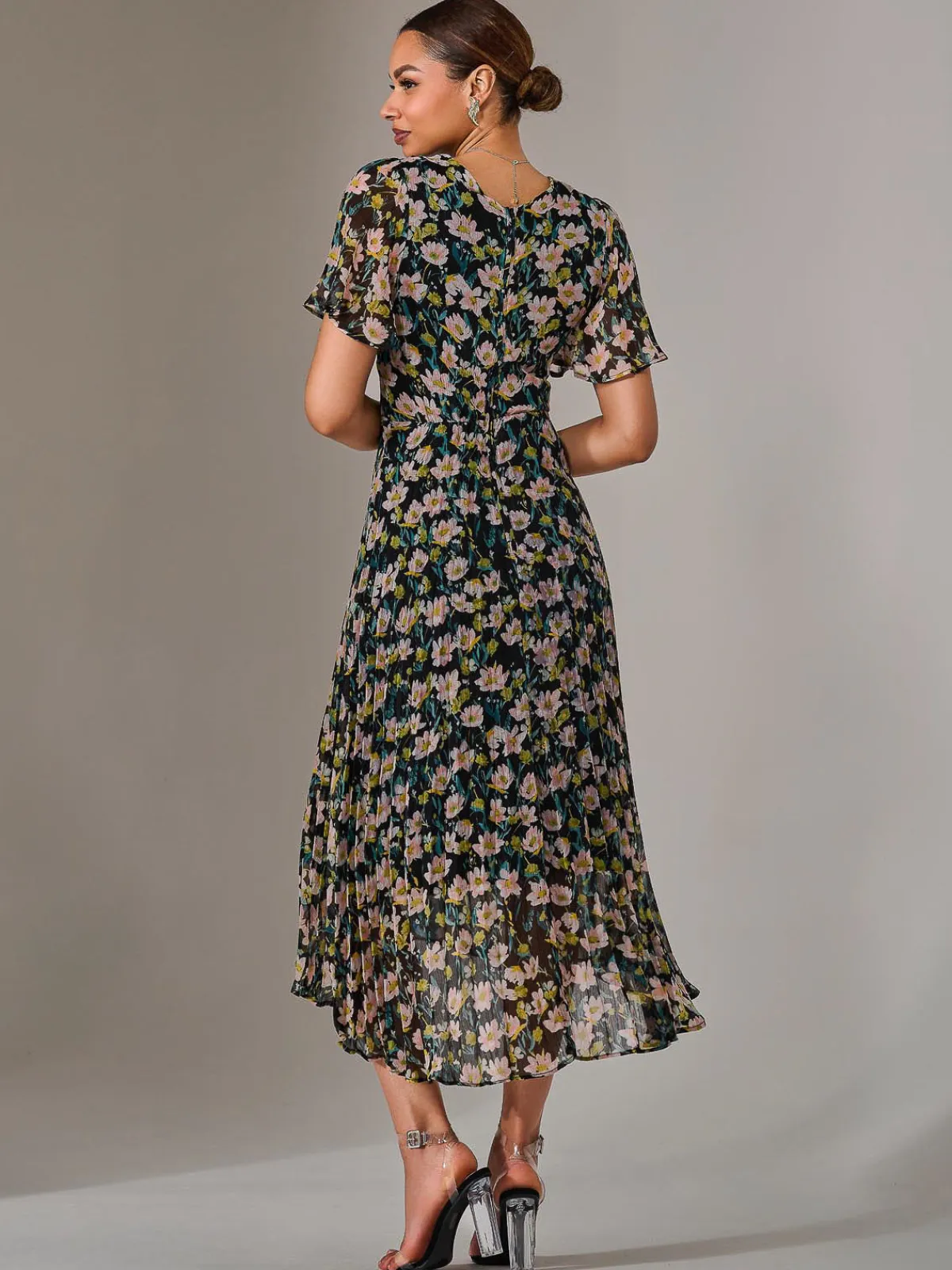 Jolie Moi Occasion Dresses|Floral Dresses-Charlotte Pleated Chiffon Midaxi Dress, Black Floral