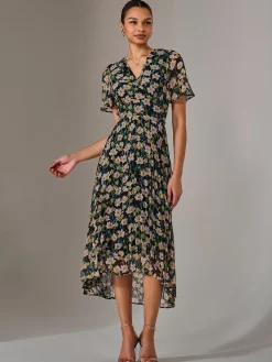 Jolie Moi Occasion Dresses|Floral Dresses-Charlotte Pleated Chiffon Midaxi Dress, Black Floral