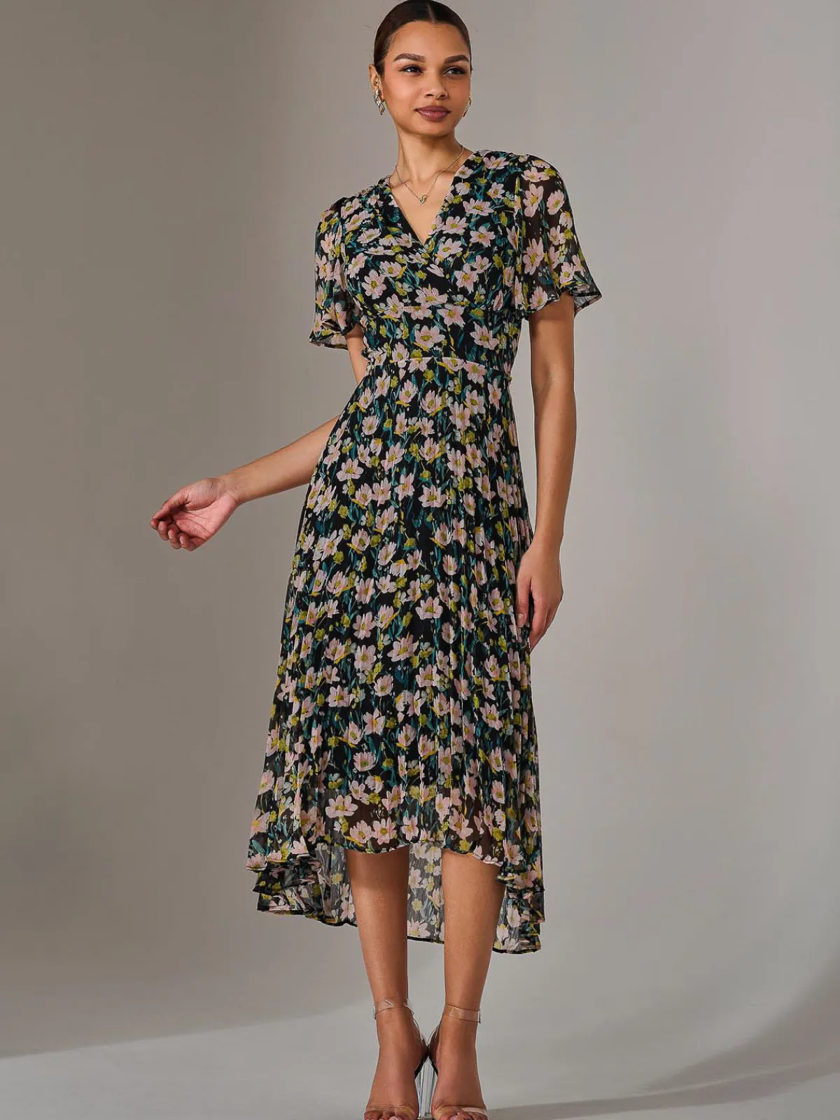 Jolie Moi Occasion Dresses|Floral Dresses-Charlotte Pleated Chiffon Midaxi Dress, Black Floral