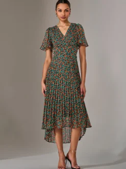 Jolie Moi Occasion Dresses|Floral Dresses-Charlotte Pleated Chiffon Midaxi Dress, Black Multi