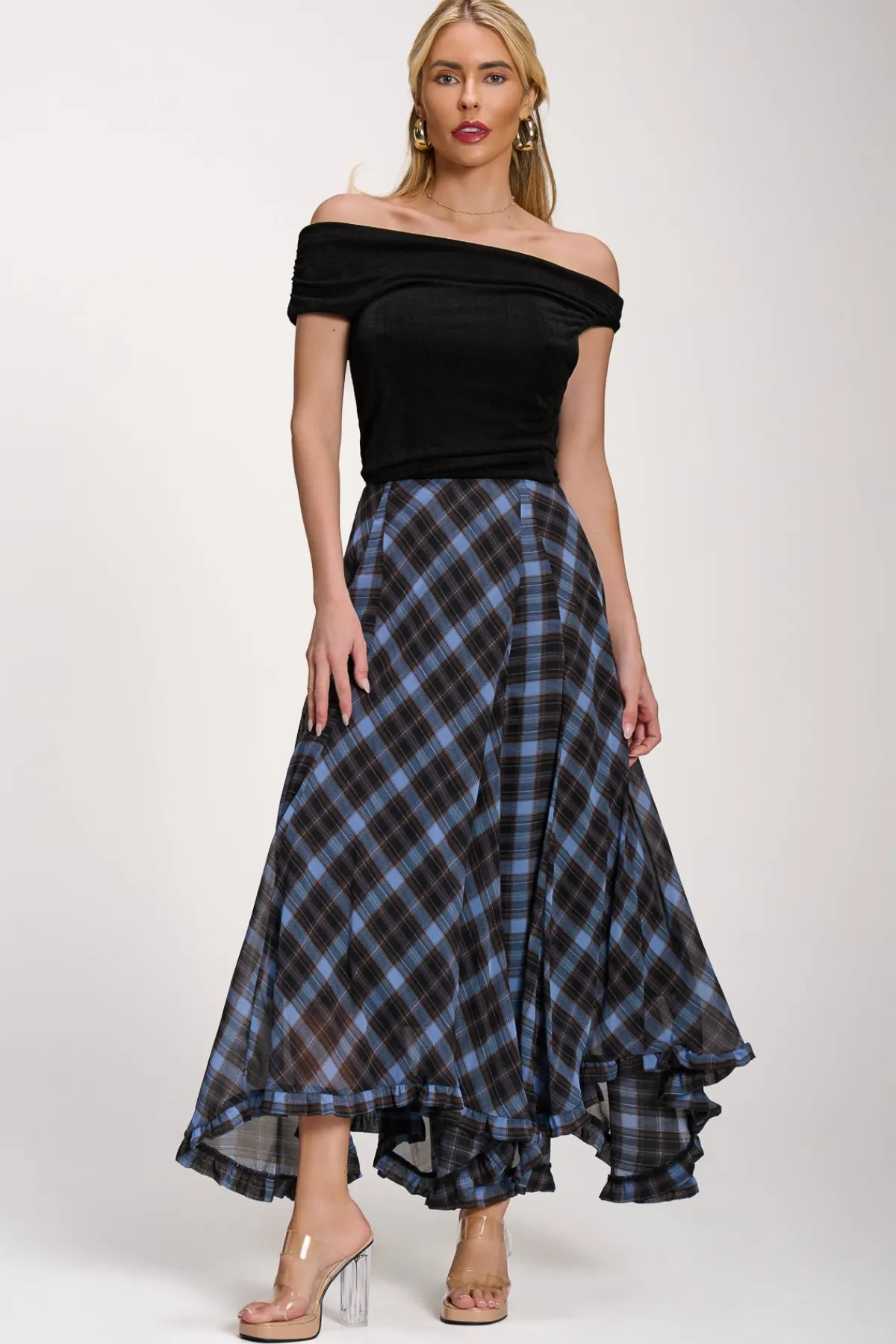 Jolie Moi Skirts|Weekend Casuals-Checked Chiffon Hanky Hem Maxi Skirt, Blue Check